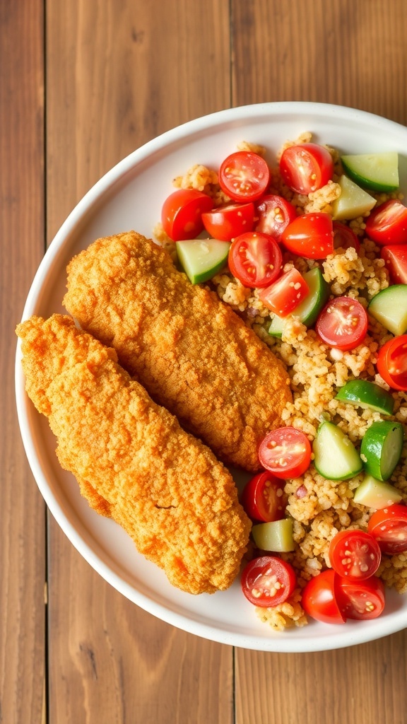 Crispy chicken tenders served with a fresh quinoa salad on a rustic wooden table.